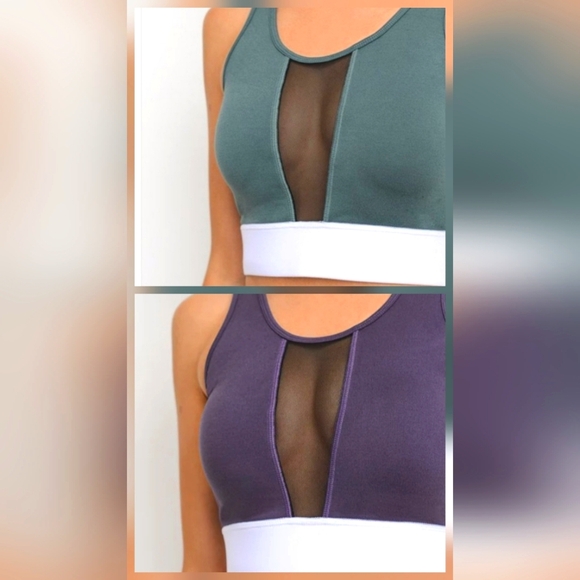 SET OF TWO WORK HARD PLAY HARD Sports Bras Dark Violet and Green - Picture 1 of 10